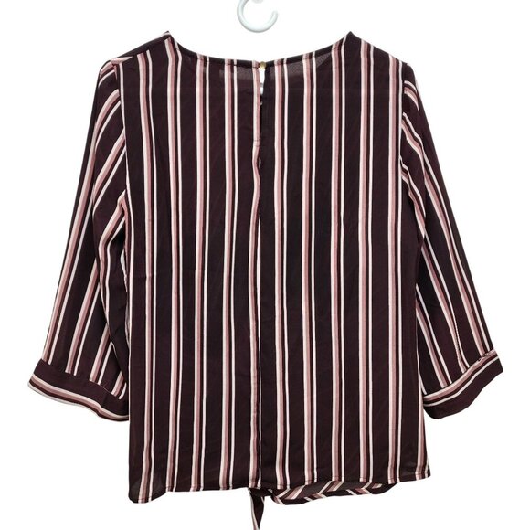Haute Monde Womens Striped Burgundy Pink Tie Front Blouse Top 3/4 Sleeves Size M - Picture 2 of 10
